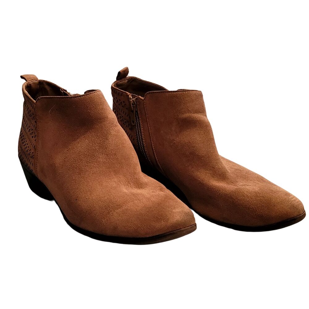 Alfani Piper Brown Suede Booties Side Zipper Memory Foam Cushion Chunky Heel